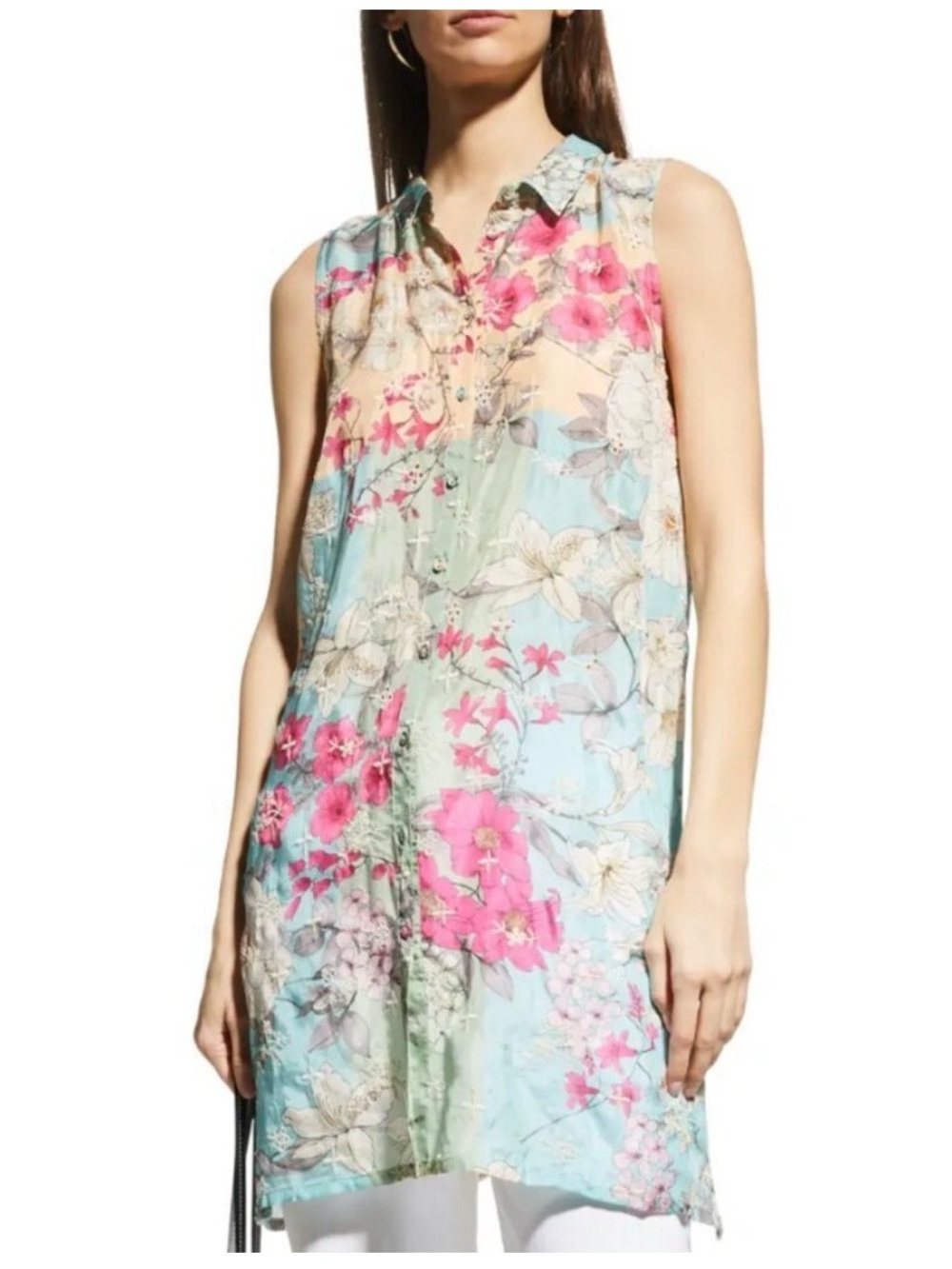 Johnny Was Permit Xanthe Sleeveless Silk Tunic Top Embroidered Floral S